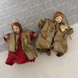 Angel Red Gold Robes Musician Vintage Cottagecore Christmas Ornament Lof of 2